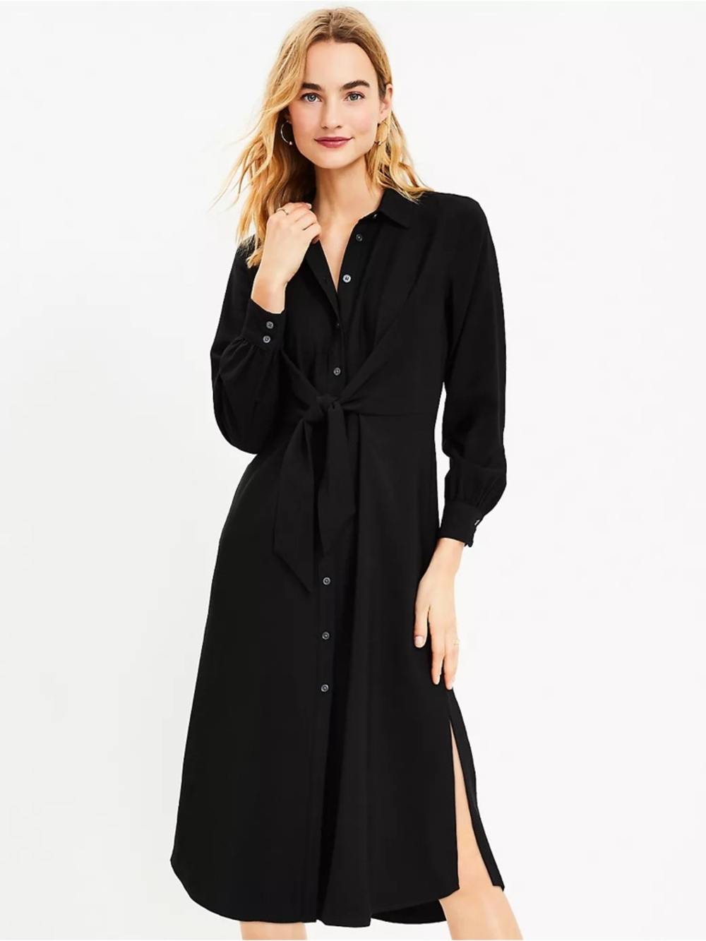LOFT Black Long Sleeve Tie-Front Shirt Dress